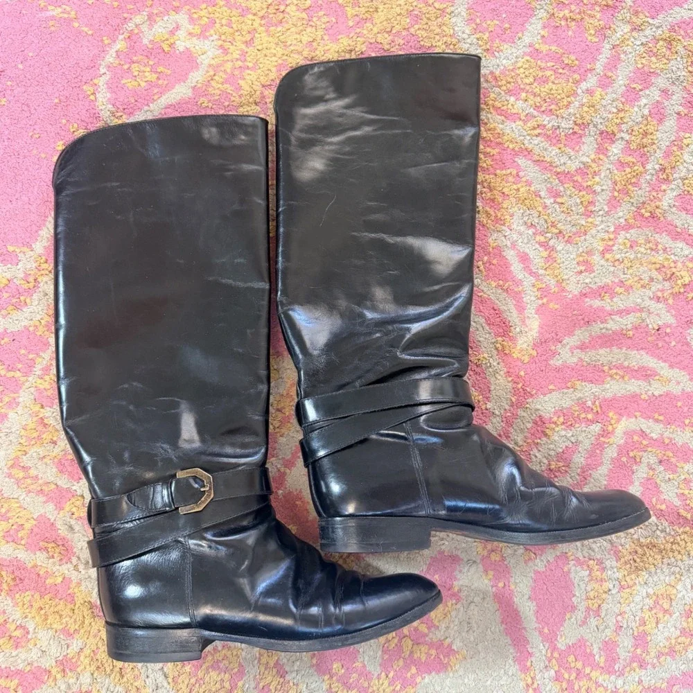VTG Charles David Black Leather‎ Riding Boots Made in Italy Knee High - 7.5